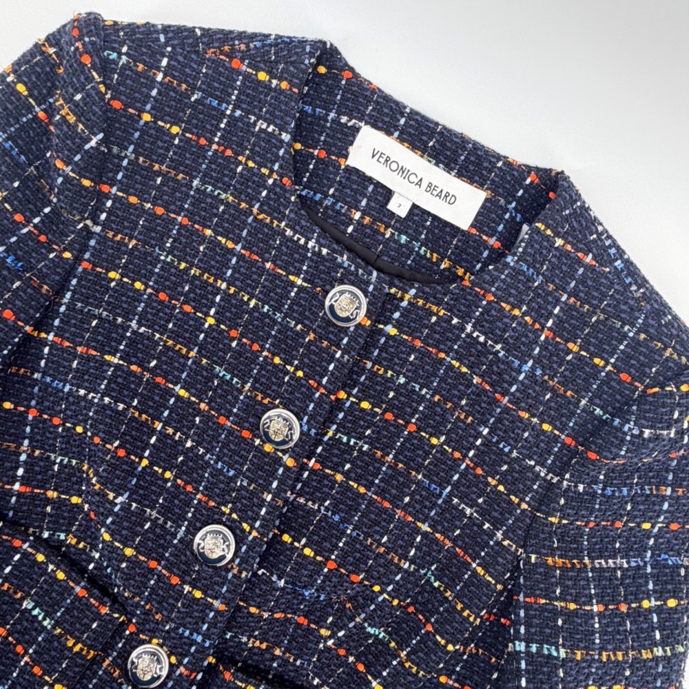Veronica Beard Lars Tweed Jacket Size 2 Navy Multi Color Boucle Cropped Blazer
